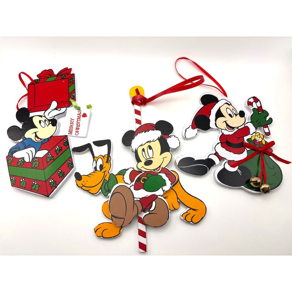 1980s Disney Mickey Mouse Wood Christmas Ornaments Kurt Adler Set of Three (3)